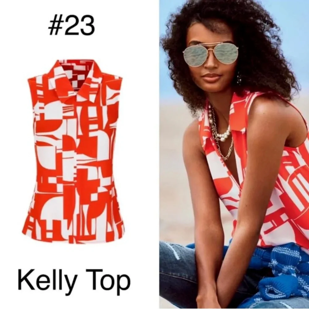 Cabi Kelly Orange and White Sleeveless Top Size S